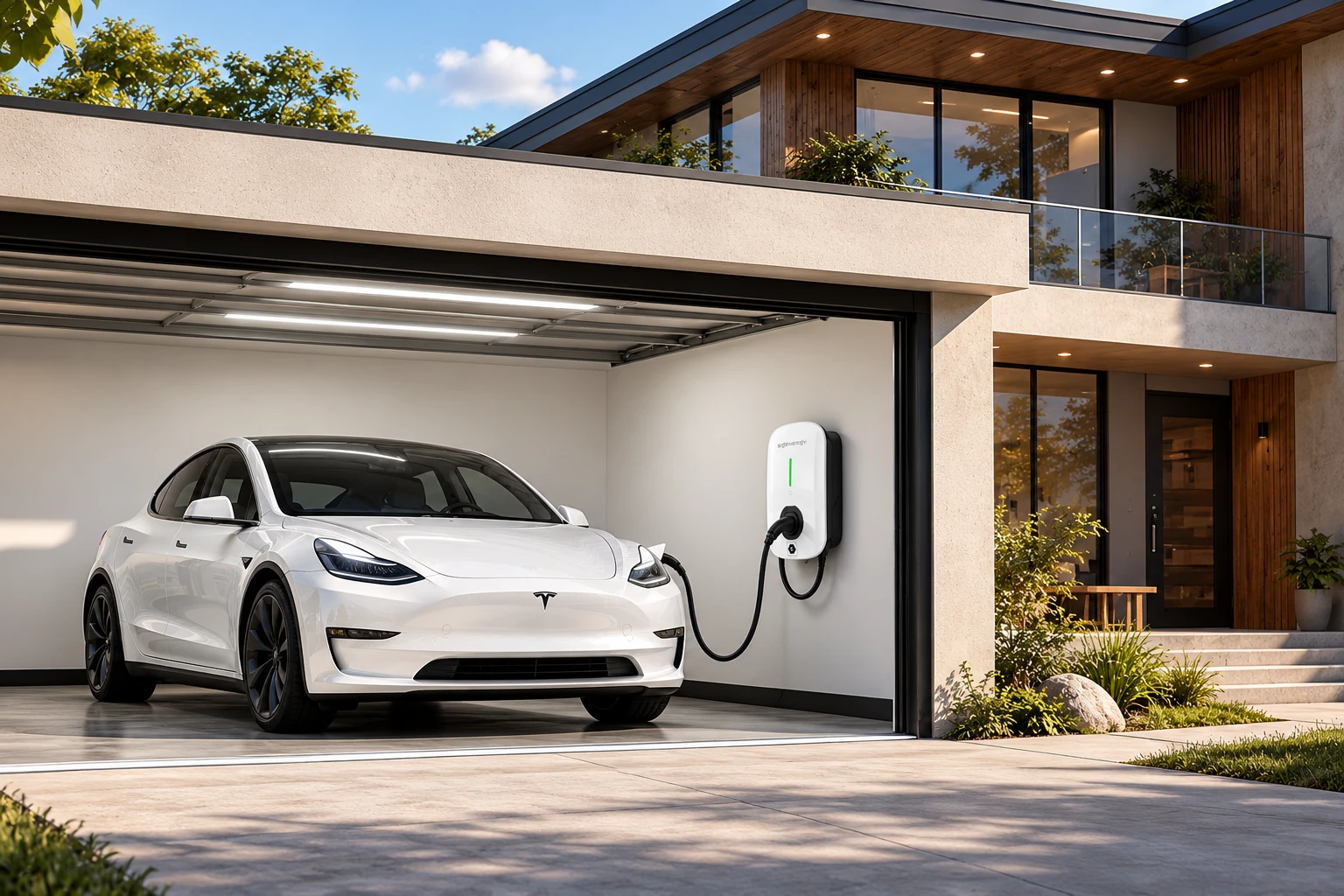 An electric car charging at home with the Sigen EVAC G2